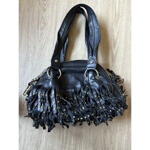 VTG Y2k B. Makowsky Black Leather Studded Fringe Hobo Shoulder Bag Pocket Purse